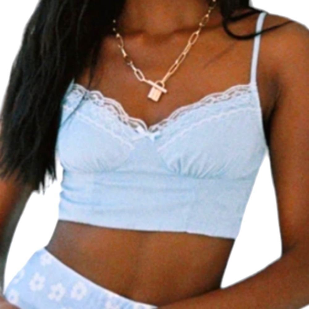 CROP TOP LACE & SATIN SOFT BLUE W/SPIGETTI STRAPS BABYDOLL TOP